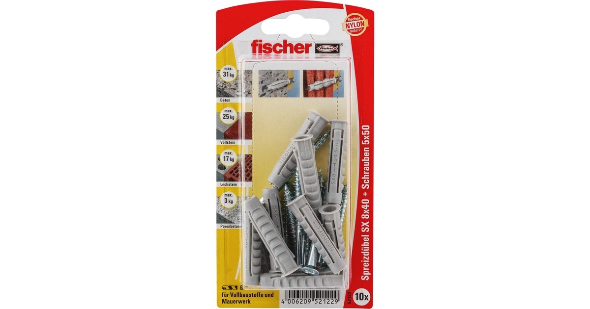 fischer Spreizdübel SX 8x40 GKS K(hellgrau, 10 Stück, mit Schraube)