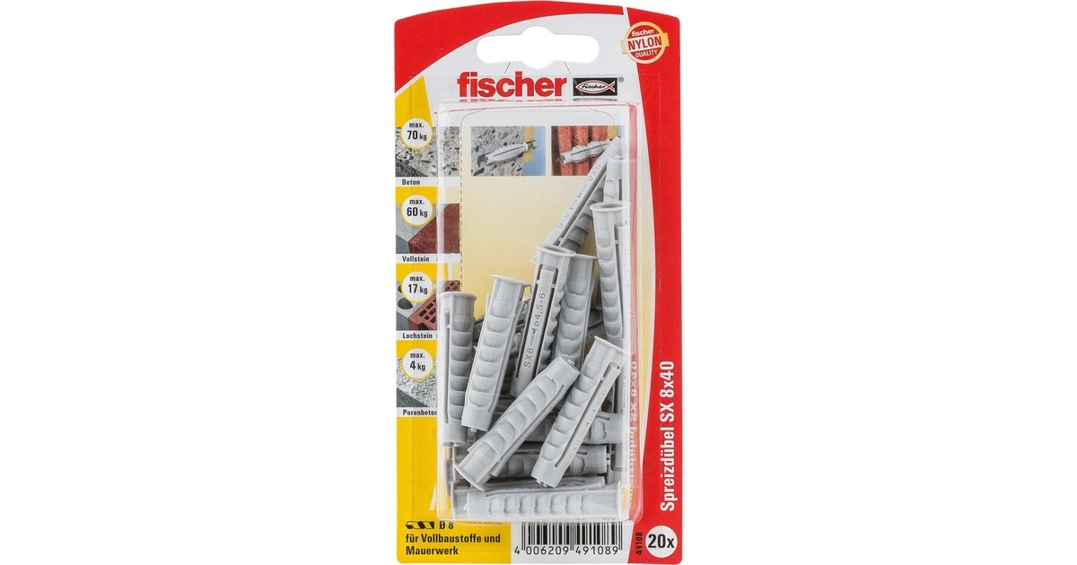 fischer Spreizdübel SX 8x40 K(hellgrau, 20 Stück)