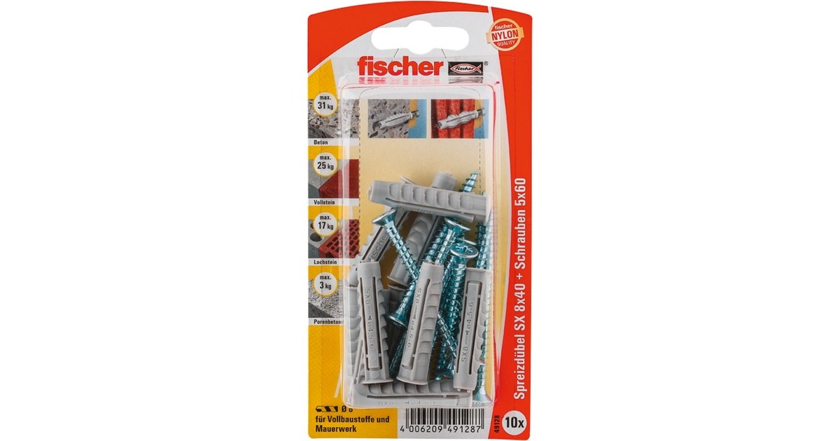fischer Spreizdübel SX 8x40 S K(hellgrau, 10 Stück, mit Schraube)