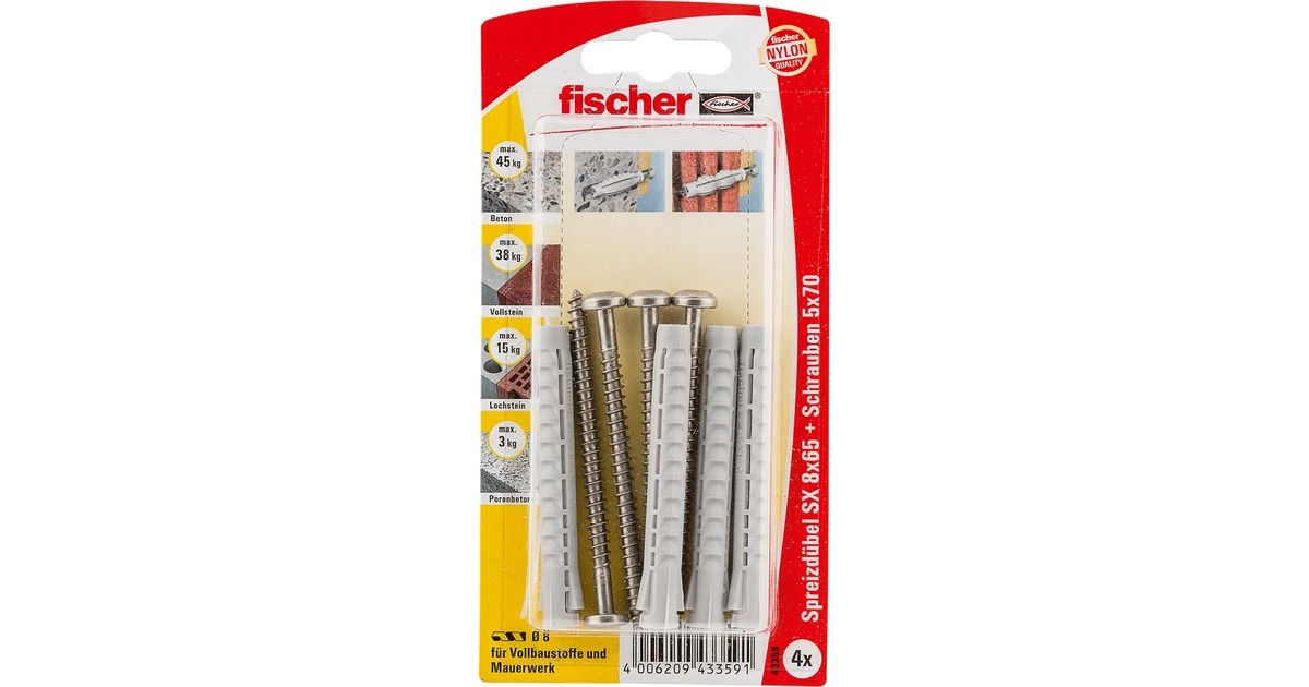 fischer Spreizdübel SX 8x65 S A2 K(hellgrau, 4 Stück, mit A2-Schraube)
