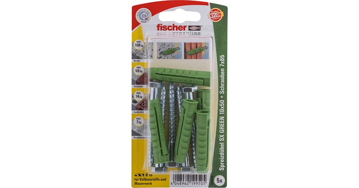 fischer Spreizdübel SX GREEN 10x50 S K(grün, 5 Stück, mit Schraube)