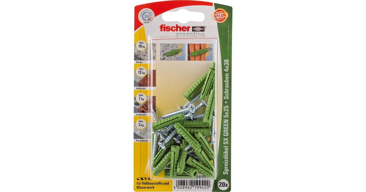 fischer Spreizdübel SX GREEN 5x25 S K(grün, 20 Stück, mit Schraube)