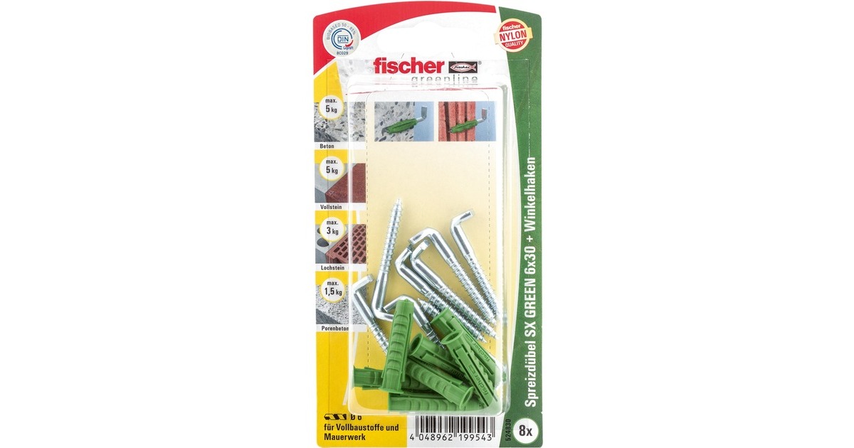 fischer Spreizdübel SX GREEN 6x30 WH K(grün, 8 Stück, mit Winkelhaken)