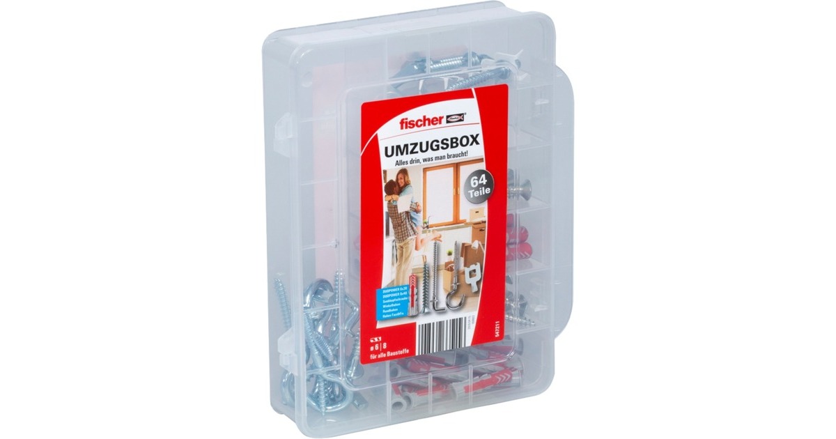 fischer Umzugsbox DUOPOWER 6,8, Dübel(hellgrau/rot, 64-teilig, mit Schrauben)