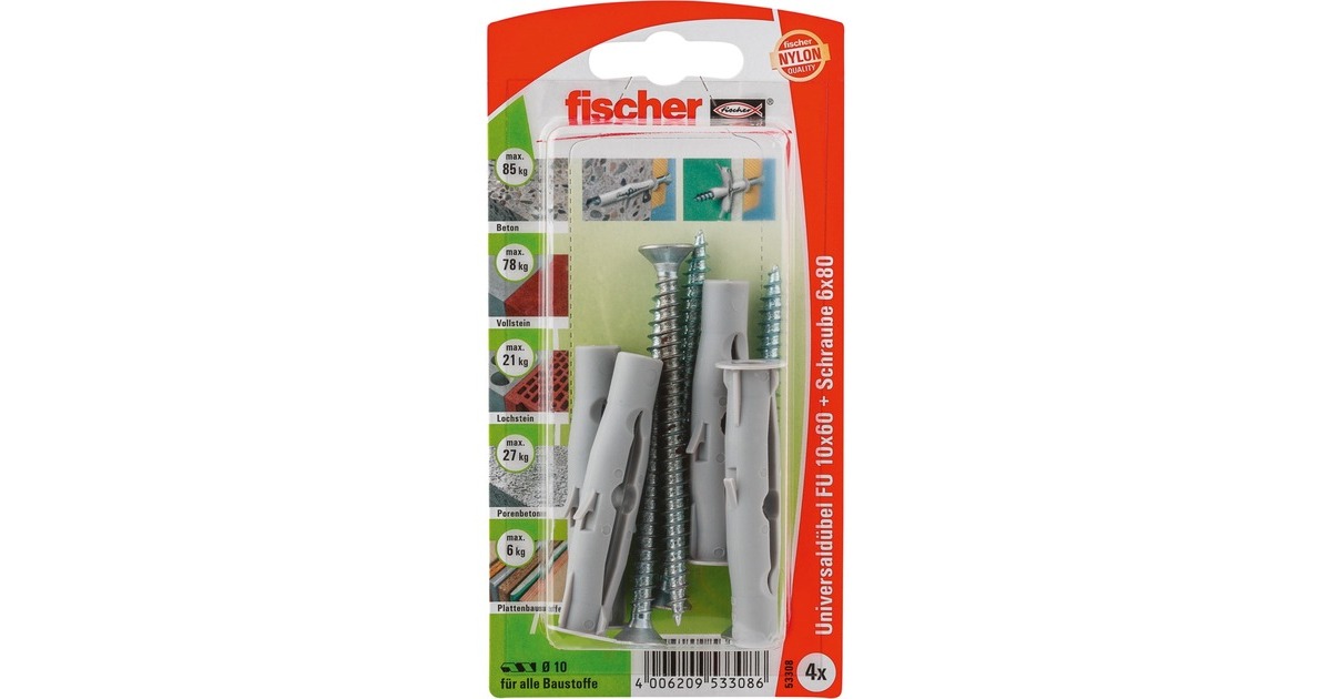 fischer Universaldübel FU 10x60 S K(grau, 4 Stück, mit Schraube)