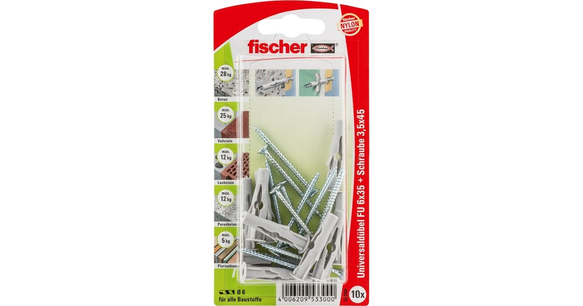 fischer Universaldübel FU 6x35 S K(grau, 10 Stück, mit Schraube)