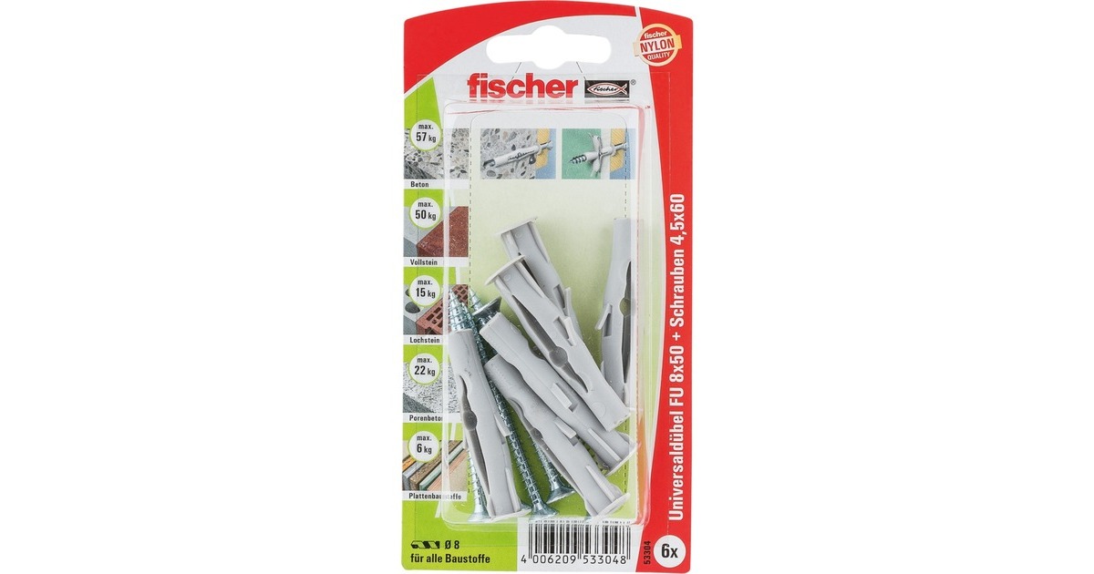 fischer Universaldübel FU 8x50 S K(grau, 6 Stück, mit Schraube)