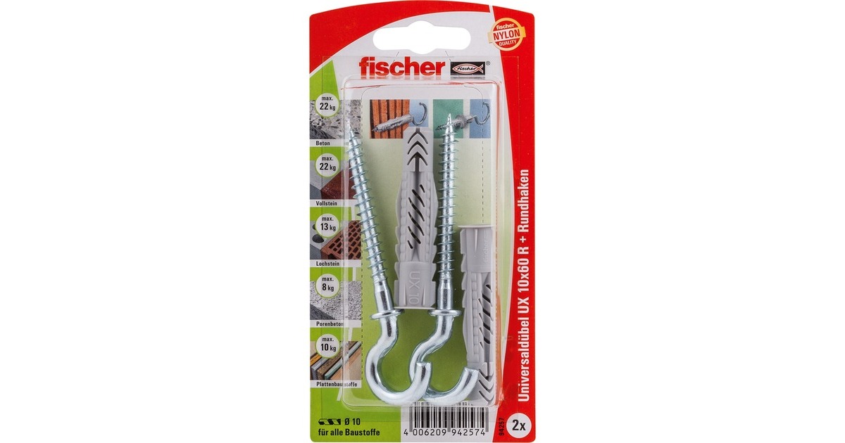 fischer Universaldübel UX 10x60 RH K(hellgrau, 2 Stück, mit Rundhaken)