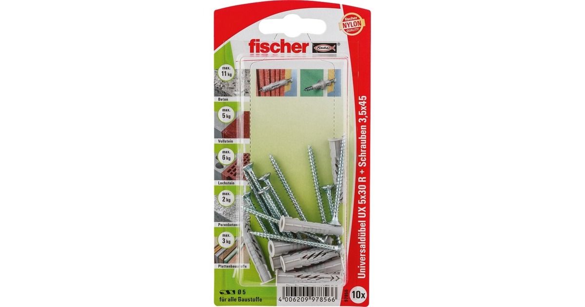 fischer Universaldübel UX 5x30 R S K(hellgrau, 10 Stück, mit Schraube)