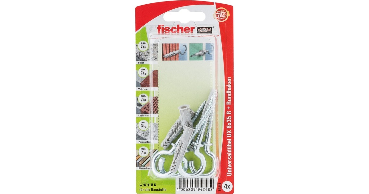 fischer Universaldübel UX 6x35 RH K(hellgrau, 4 Stück, mit Rundhaken)