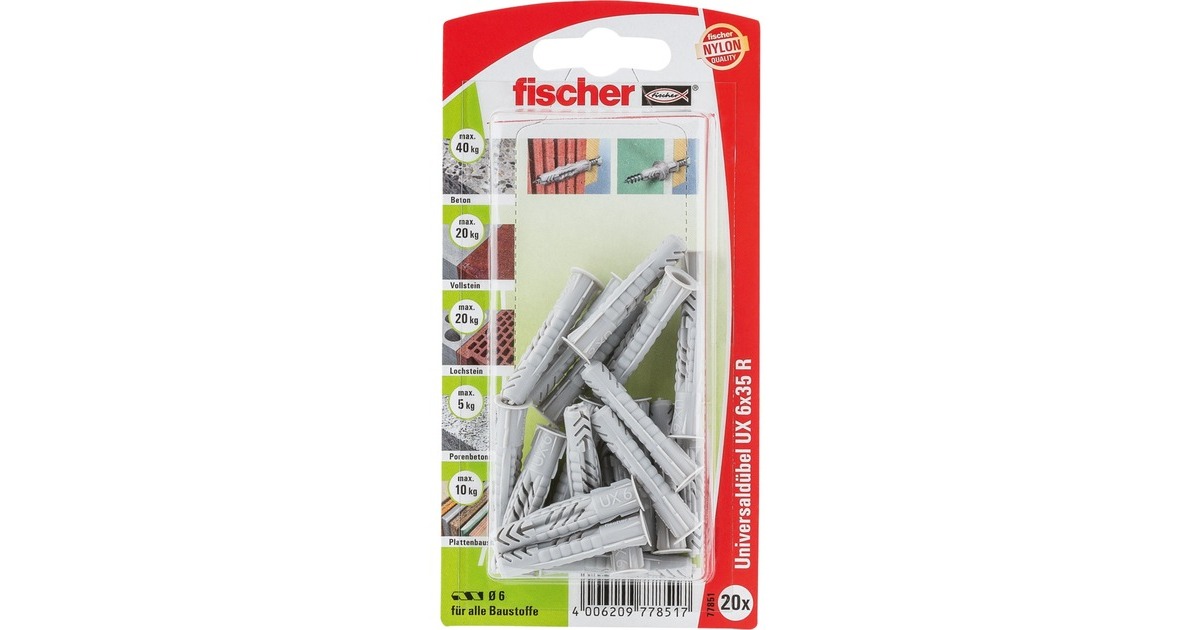 fischer Universaldübel UX 6x35 R K(hellgrau, 20 Stück)