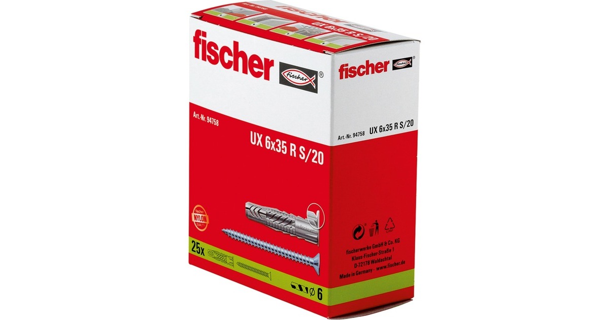 fischer Universaldübel UX 6x35 R S(hellgrau, 25 Stück, mit Schraube)