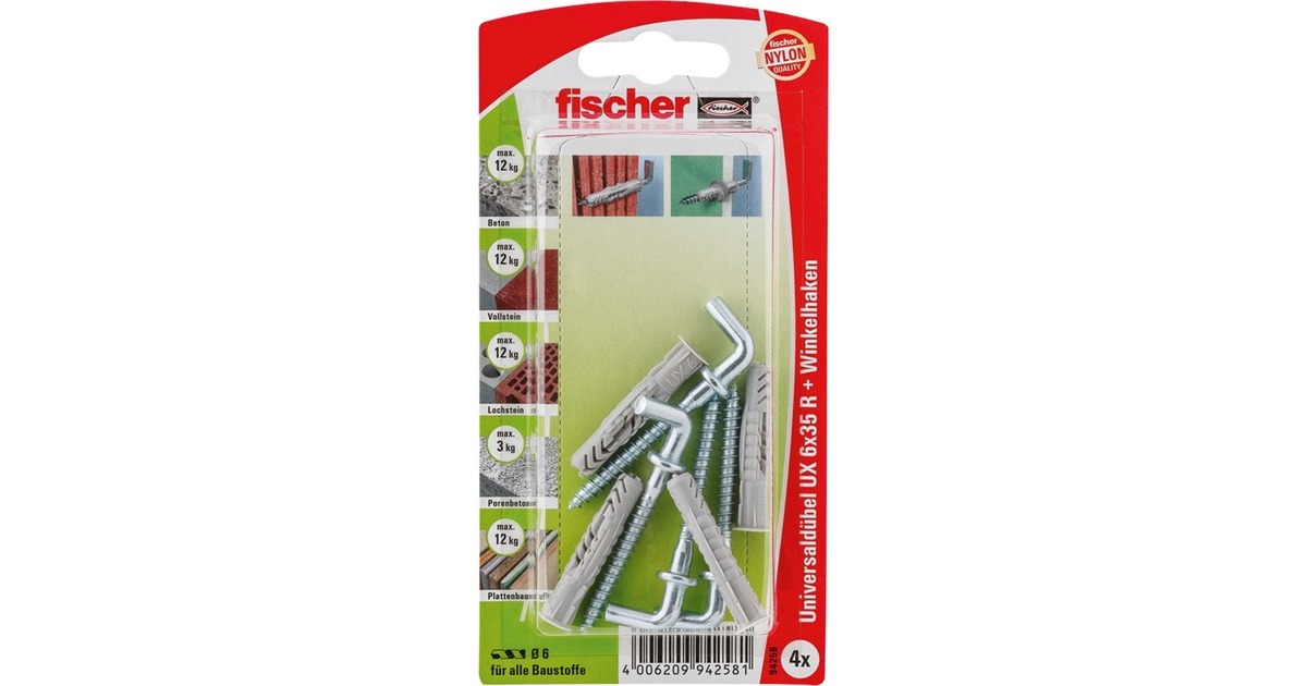 fischer Universaldübel UX 6x35 WH K(hellgrau, 4 Stück, mit Winkelhaken)