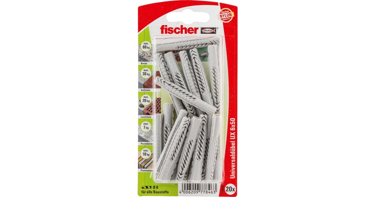 fischer Universaldübel UX 6x50 K(hellgrau, 20 Stück)