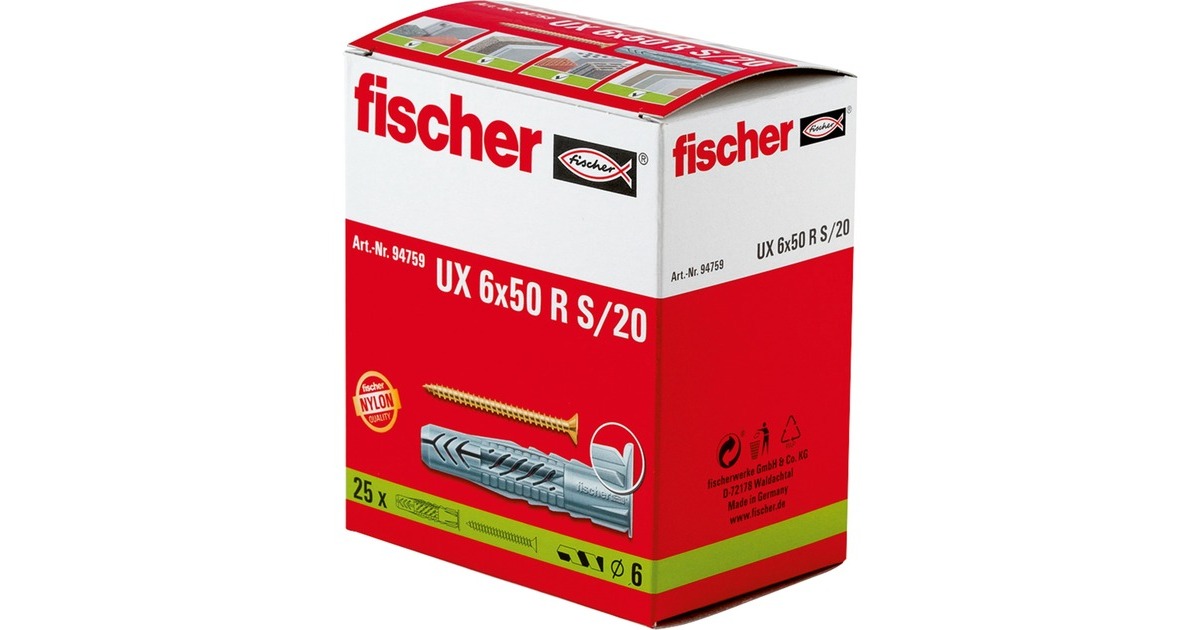 fischer Universaldübel UX 6x50 R S/20(hellgrau, 25 Stück, mit Schraube)