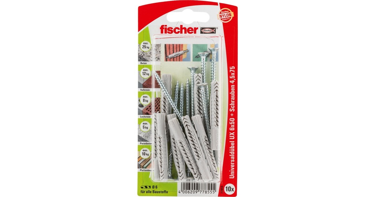 fischer Universaldübel UX 6x50 S K(hellgrau, 10 Stück, mit Schraube)