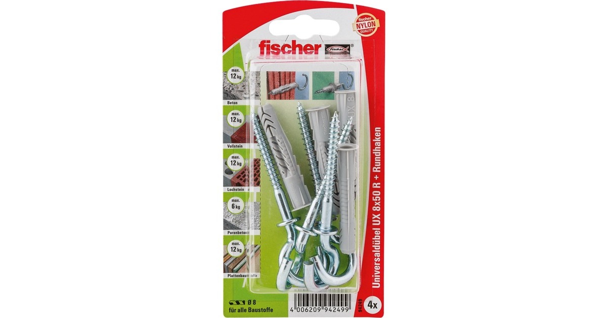 fischer Universaldübel UX 8x50 RH K(hellgrau, 4 Stück, mit Rundhaken)