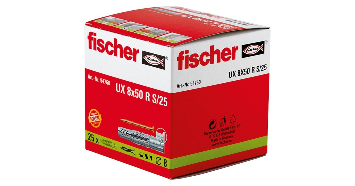 fischer Universaldübel UX 8x50 R S/25(hellgrau, 25 Stück, mit Schraube)