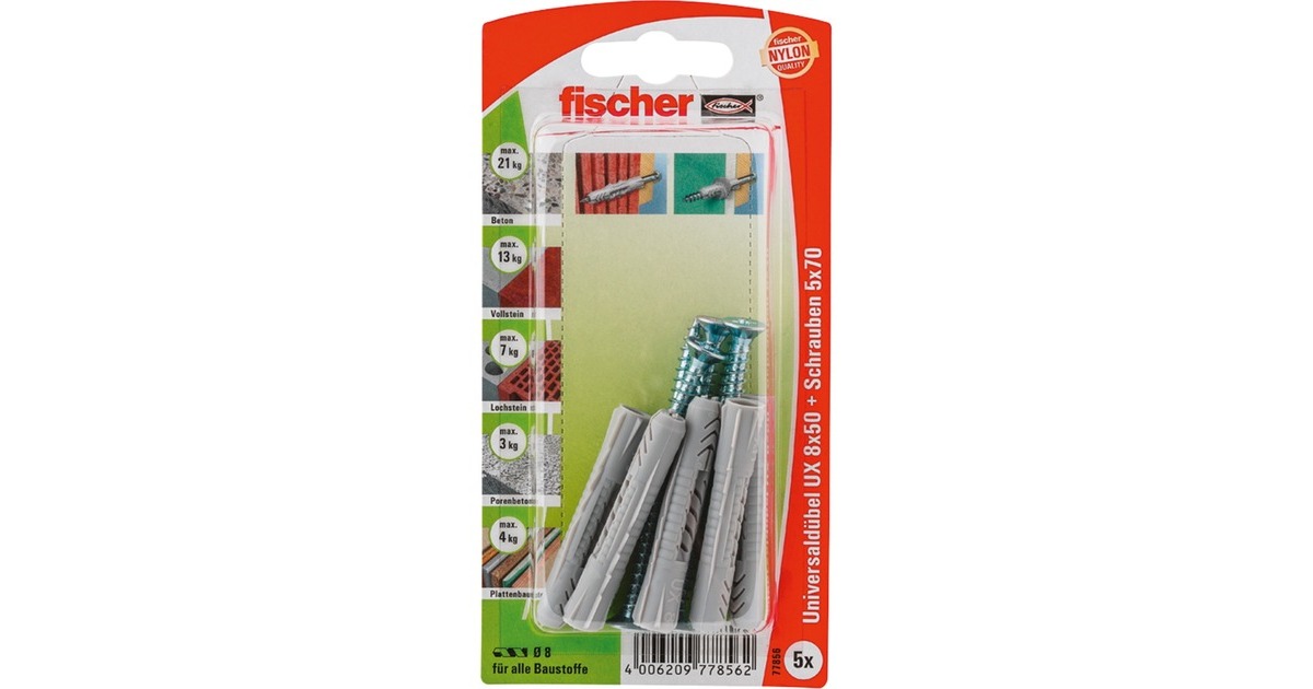 fischer Universaldübel UX 8x50 S K(hellgrau, 5 Stück, mit Schraube)