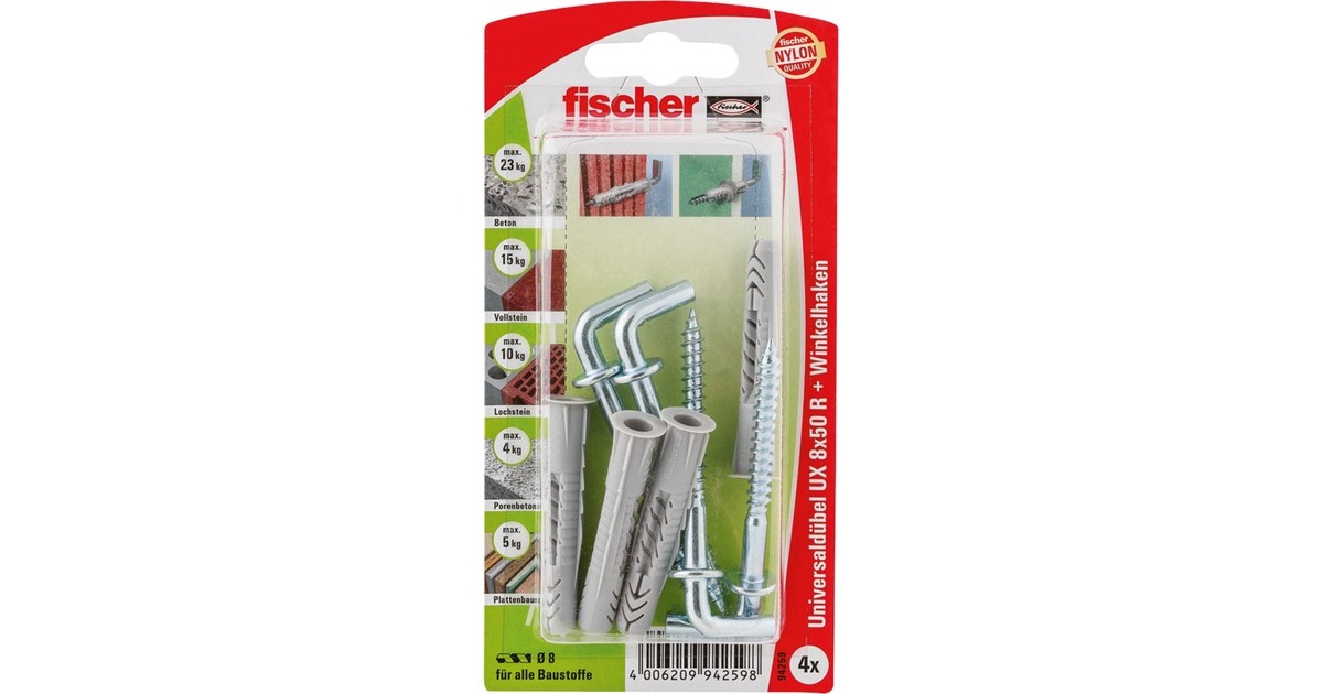 fischer Universaldübel UX 8x50 WH K(hellgrau, 4 Stück, mit Winkelhaken)