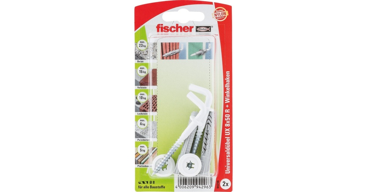 fischer Universaldübel UX 8x50 WH N K(hellgrau, 2 Stück, mit Winkelhaken (nylonbeschichtet, weiß))