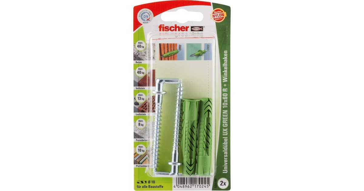 fischer Universaldübel UX GREEN 10x60 R WH K(grün, 2 Stück, mit Winkelhaken)