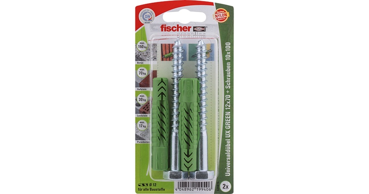 fischer Universaldübel UX GREEN 12x70 S K(grün, 2 Stück, mit Schraube)