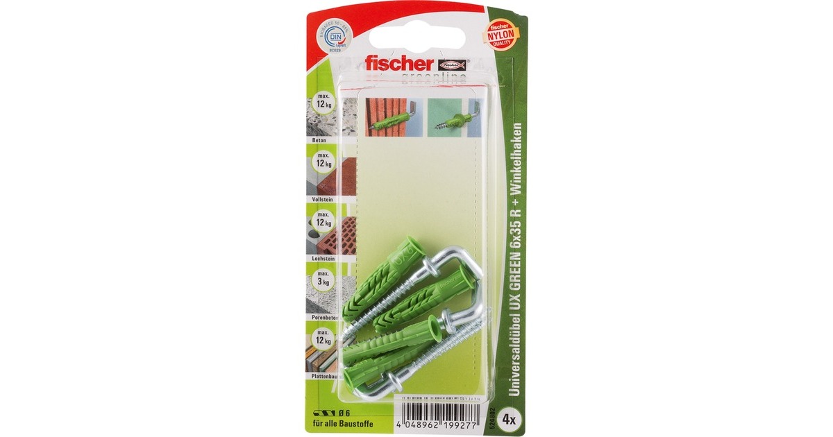 fischer Universaldübel UX GREEN 6x35 R WH K(grün, 4 Stück, mit Winkelhaken)