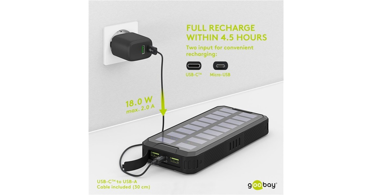 goobay Outdoor Schnelllade-Powerbank 20.000 mAh mit Solar(schwarz, USB-C PD, QC 3.0)