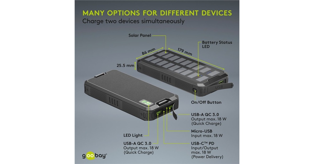 goobay Outdoor Schnelllade-Powerbank 20.000 mAh mit Solar(schwarz, USB-C PD, QC 3.0)