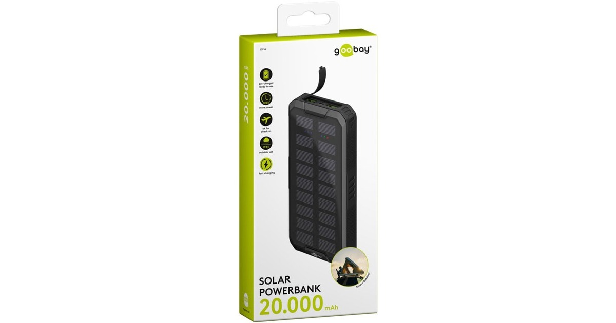 goobay Outdoor Schnelllade-Powerbank 20.000 mAh mit Solar(schwarz, USB-C PD, QC 3.0)