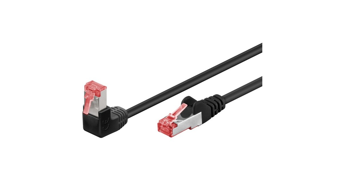 goobay Patchkabel Cat.6 S/FTP (PiMF), 1x 90° gewinkelt(schwarz, 1 Meter, doppelt geschirmt)