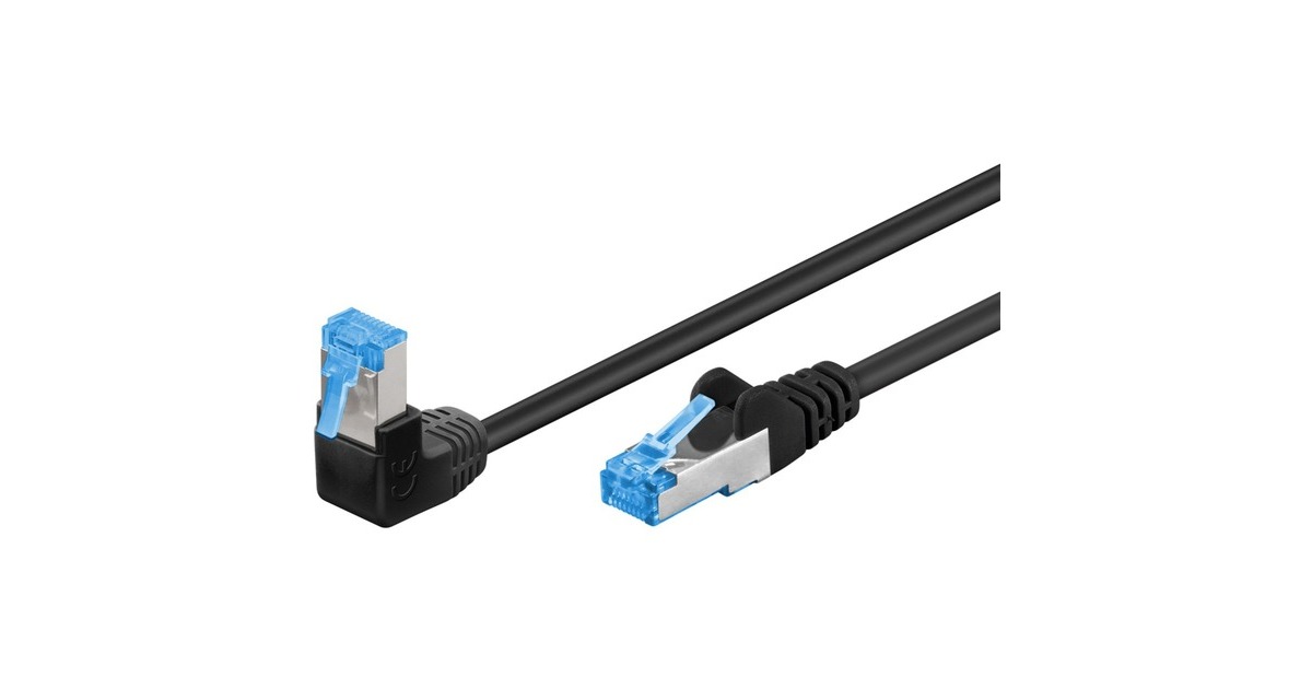 goobay Patchkabel Cat.6a S/FTP (PiMF), 1x 90° gewinkelt(schwarz, 0,5 Meter, doppelt geschirmt)