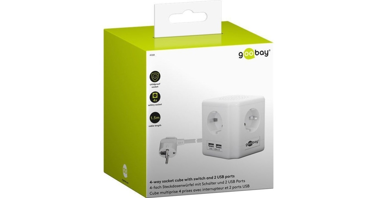 goobay Steckdosenwürfel 4-fach, 2x USB, mit Schalter, Steckdosenleiste(weiß, 1,5 Meter, Überspannungsschutz)