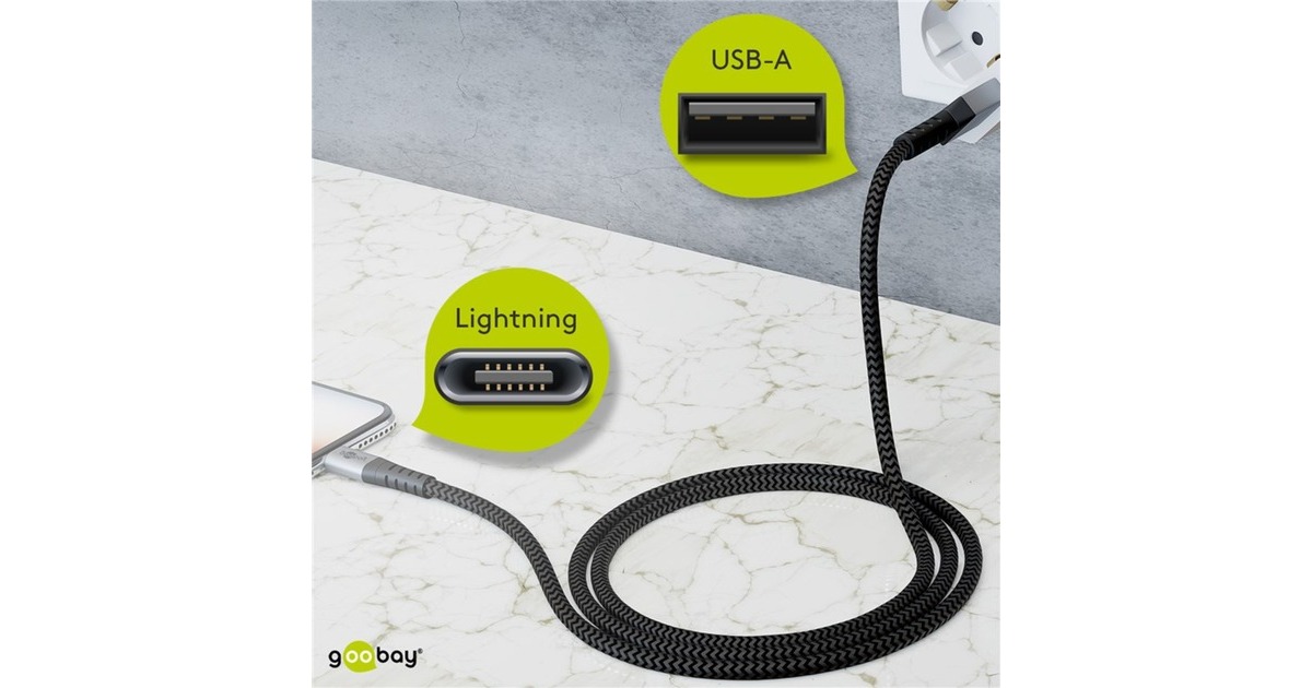 Lightning Stecker(grau/silber, 2 Meter, gesleevt, Metallstecker)