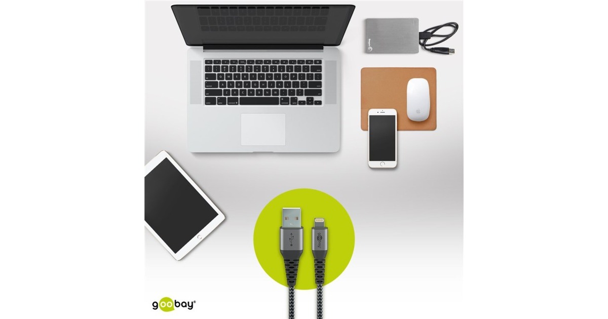 Lightning Stecker(grau/silber, 2 Meter, gesleevt, Metallstecker)