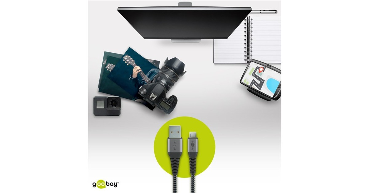 Micro-USB Stecker(grau/silber, 1 Meter, gesleevt, Metallstecker)