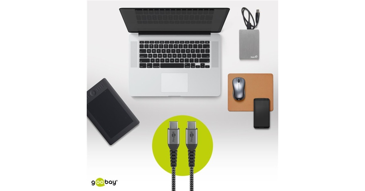 USB-C Stecker(grau/silber, 0,5 Meter, Laden mit bis zu 60 Watt, Textilkabel mit Metallsteckern)