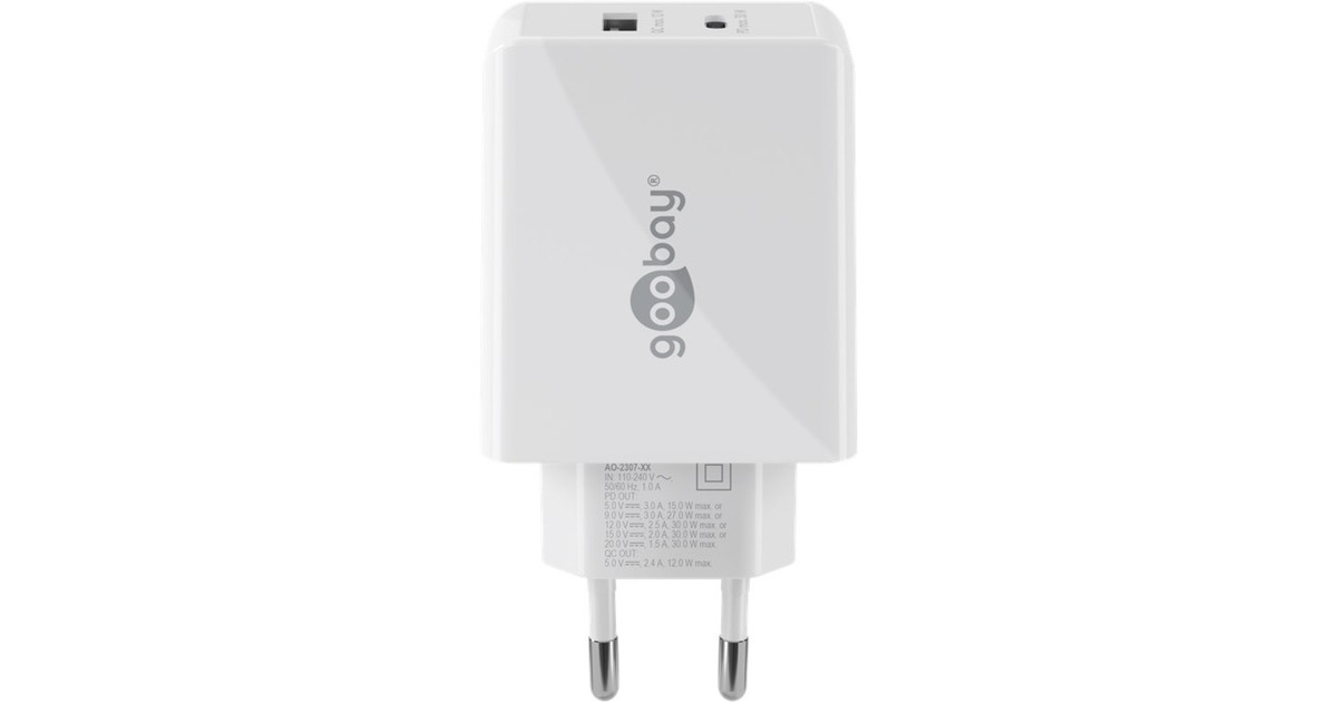 goobay USB-C PD Dual-Schnellladegerät 30 Watt(weiß, 1x USB-A, 1x USB-C PD)