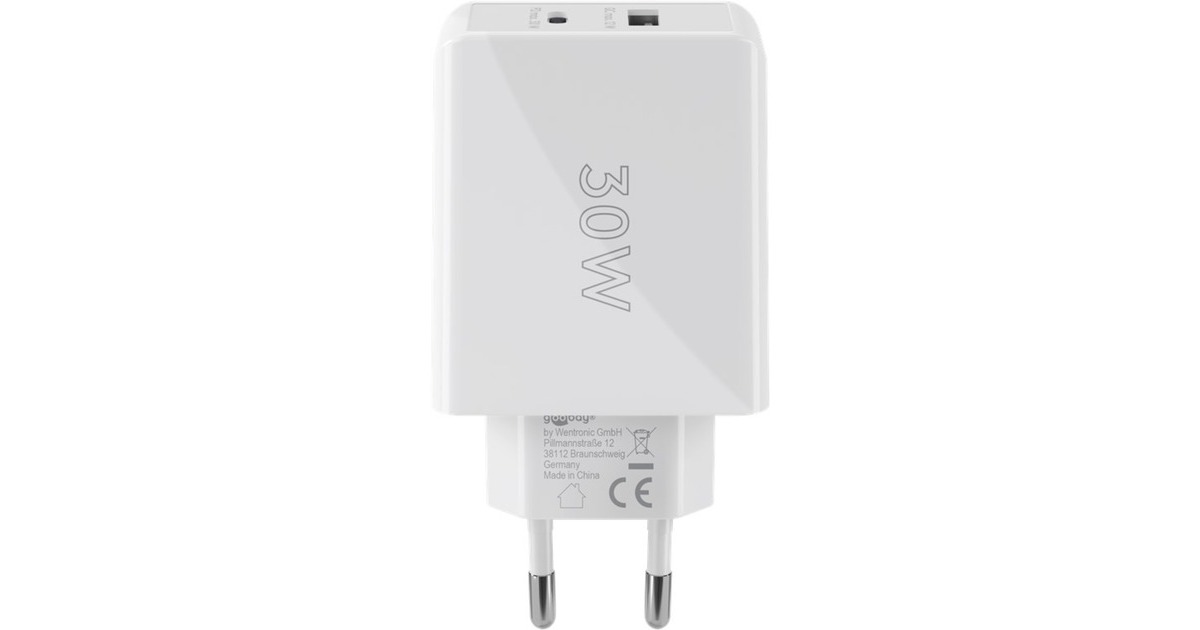 goobay USB-C PD Dual-Schnellladegerät 30 Watt(weiß, 1x USB-A, 1x USB-C PD)