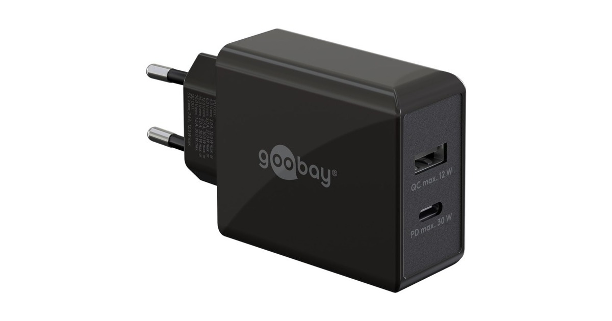 goobay USB-C PD Dual-Schnellladegerät 30 Watt(schwarz, 1x USB-A, 1x USB-C PD)