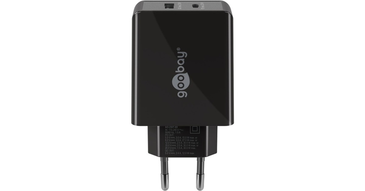 goobay USB-C PD Dual-Schnellladegerät 30 Watt(schwarz, 1x USB-A, 1x USB-C PD)