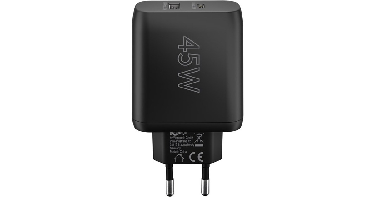 goobay USB-C PD Dual-Schnellladegerät 45 Watt(schwarz, 1x USB-A, 1x USB-C PD, GaN-Technologie)