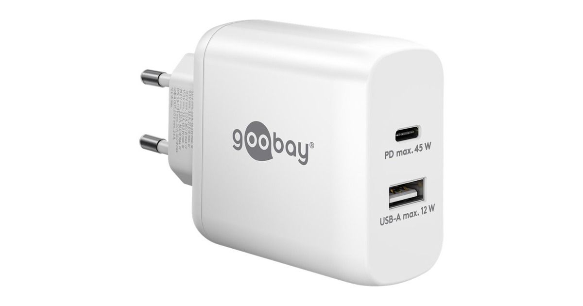 goobay USB-C PD Dual-Schnellladegerät 45 Watt(weiß, 1x USB-A, 1x USB-C PD, GaN-Technologie)