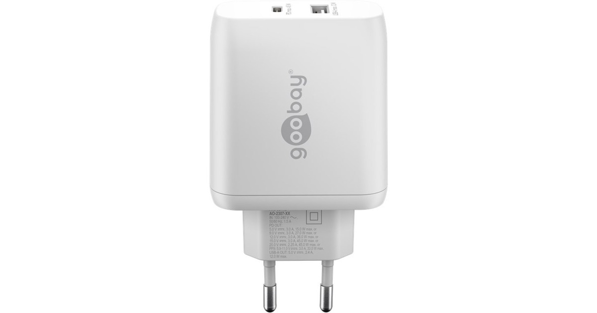 goobay USB-C PD Dual-Schnellladegerät 45 Watt(weiß, 1x USB-A, 1x USB-C PD, GaN-Technologie)