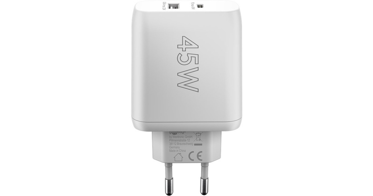 goobay USB-C PD Dual-Schnellladegerät 45 Watt(weiß, 1x USB-A, 1x USB-C PD, GaN-Technologie)