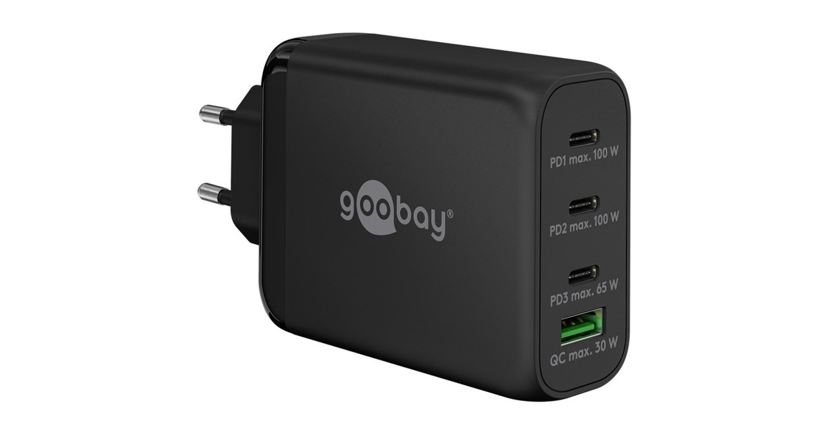 goobay USB-C PD Multiport-Schnellladegerät 100 Watt(schwarz, 1x USB-A QC, 3x USB-C PD, GaN-Technologie)