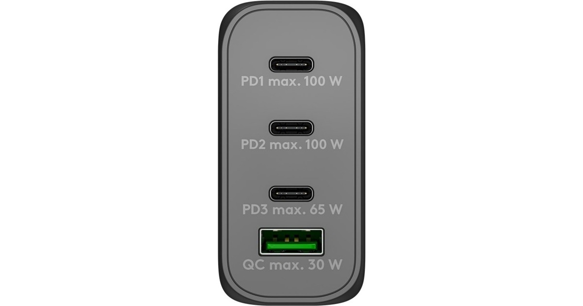 goobay USB-C PD Multiport-Schnellladegerät 100 Watt(schwarz, 1x USB-A QC, 3x USB-C PD, GaN-Technologie)