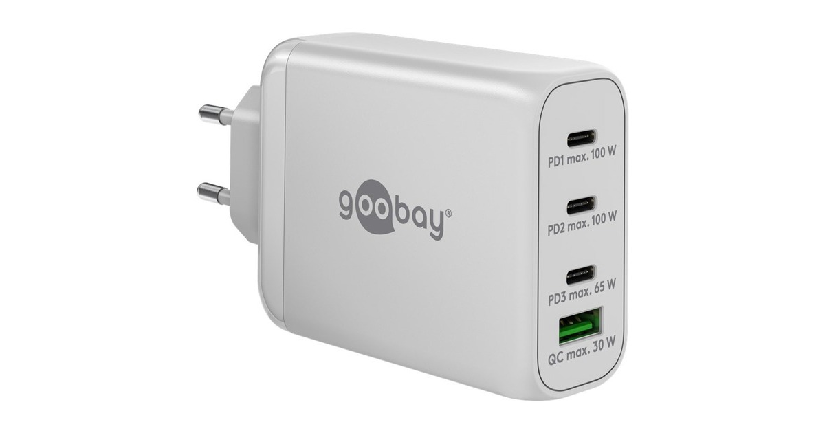 goobay USB-C PD Multiport-Schnellladegerät 100 Watt(weiß, 1x USB-A QC, 3x USB-C PD, GaN-Technologie)