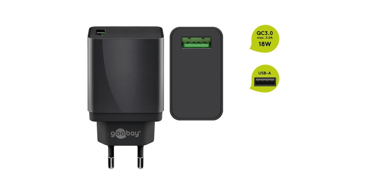 goobay USB Schnellladegerät QC3.0 (18W) schwarz(schwarz, Quick Charge (QC3.0))